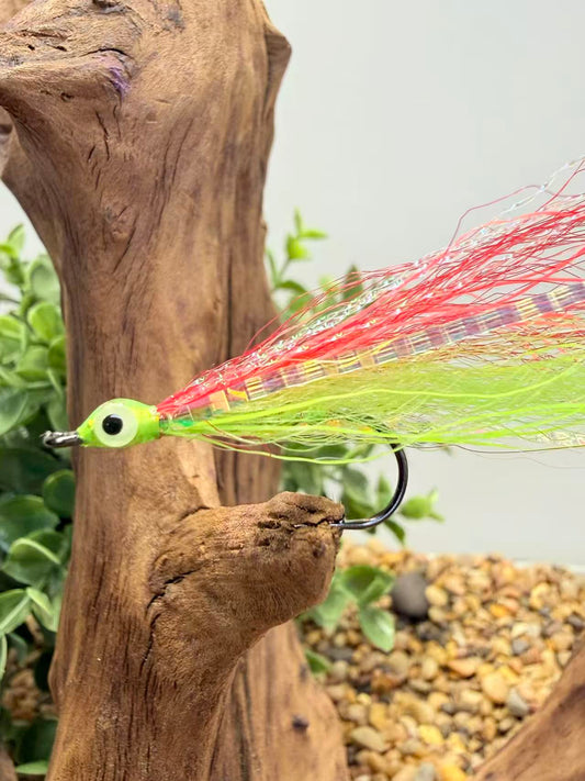 5 Pcs Rizing Rivers Premium Bucktail Flies (Glow Series – Red/Chartreuse) – Glow in the Dark Flies for Night or Low-Light Fishing