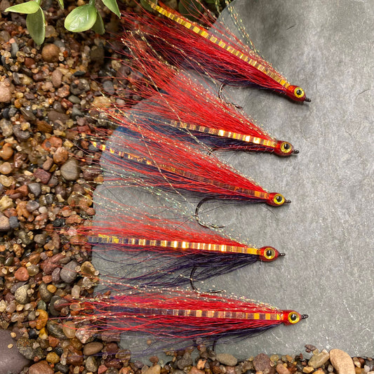 5 Pcs Rizing Rivers Premium Bucktail Flies (Red/Dark Purple)