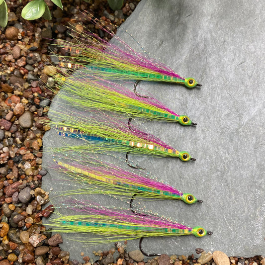 5 Pcs Rizing Rivers Premium Bucktail Flies (Chartreuse/Light Purple)
