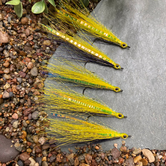 5 Pcs Rizing Rivers Premium Bucktail Flies (Yellow/Dark Purple)