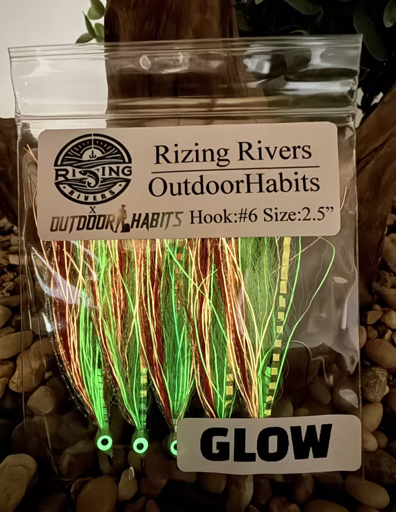5 Pcs Rizing Rivers Premium Bucktail Flies (Glow Series – Red/Chartreuse) – Glow in the Dark Flies for Night or Low-Light Fishing