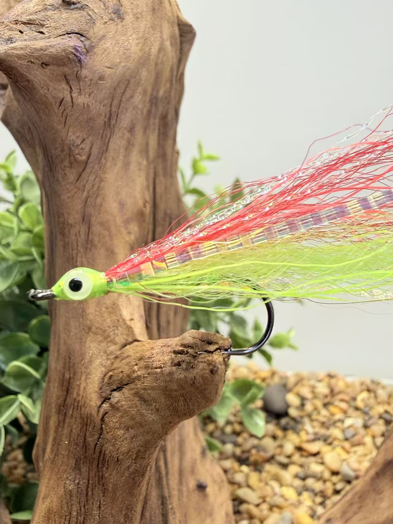 5 Pcs Rizing Rivers Premium Bucktail Flies (Glow Series – Red/Chartreuse) – Glow in the Dark Flies for Night or Low-Light Fishing