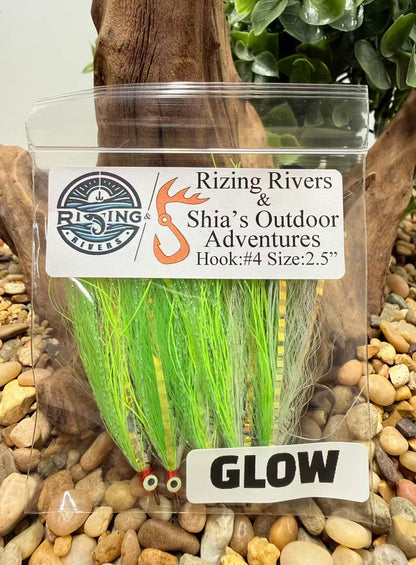 5 Pcs Rizing Rivers Premium Bucktail Flies (Glow Series – Clown) – Glow in the Dark Flies for Night or Low-Light Fishing
