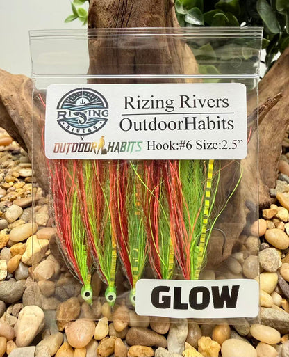 Premium Bucktail Flies (Glow Series – Red/Chartreuse) – Glow in the Dark Flies for Night or Low-Light Fishing