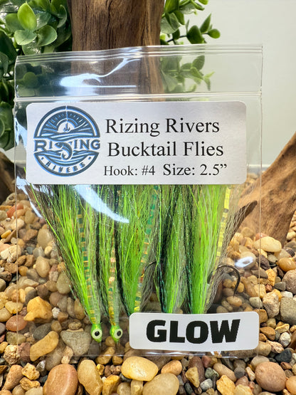 5 Pcs Rizing Rivers Premium Bucktail Flies (Glow Series – Chartreuse) – Glow in the Dark Flies for Night or Low-Light Fishing