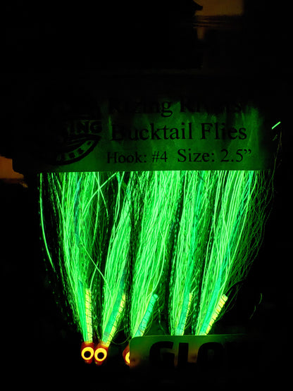 5 Pcs Rizing Rivers Premium Bucktail Flies (Glow Series – Bleeding Shad) – Glow in the Dark Flies for Night or Low-Light Fishing