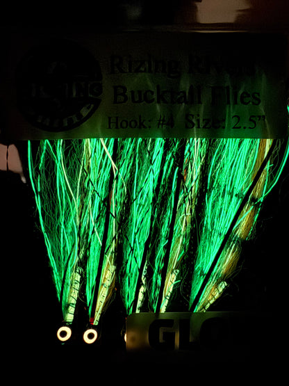 5 Pcs Rizing Rivers Premium Bucktail Flies (Glow Series – Angry Perch) – Glow in the Dark Flies for Night or Low-Light Fishing