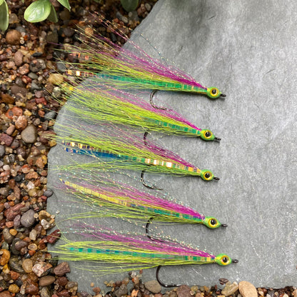 5 Pcs Rizing Rivers 3D Bucktail Flies (Chartreuse/Light Purple)