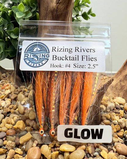 5 Pcs Rizing Rivers Premium Bucktail Flies (Glow Series – Orange) – Glow in the Dark Flies for Night or Low-Light Fishing