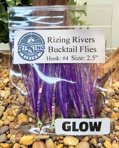 5 Pcs Rizing Rivers Premium Bucktail Flies (Glow Series – Violet Purple) – Glow in the Dark Flies for Night or Low-Light Fishing