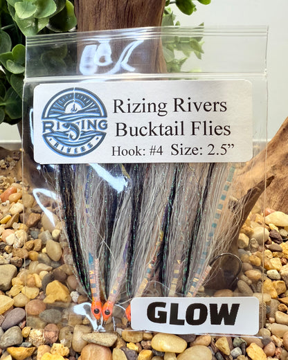 5 Pcs Rizing Rivers Premium Bucktail Flies (Glow Series – Bleeding Shad) – Glow in the Dark Flies for Night or Low-Light Fishing