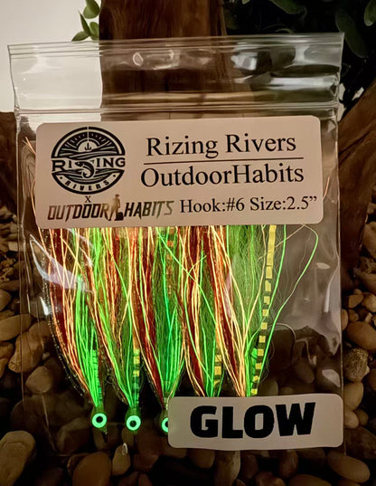 Premium Bucktail Flies (Glow Series – Red/Chartreuse) – Glow in the Dark Flies for Night or Low-Light Fishing