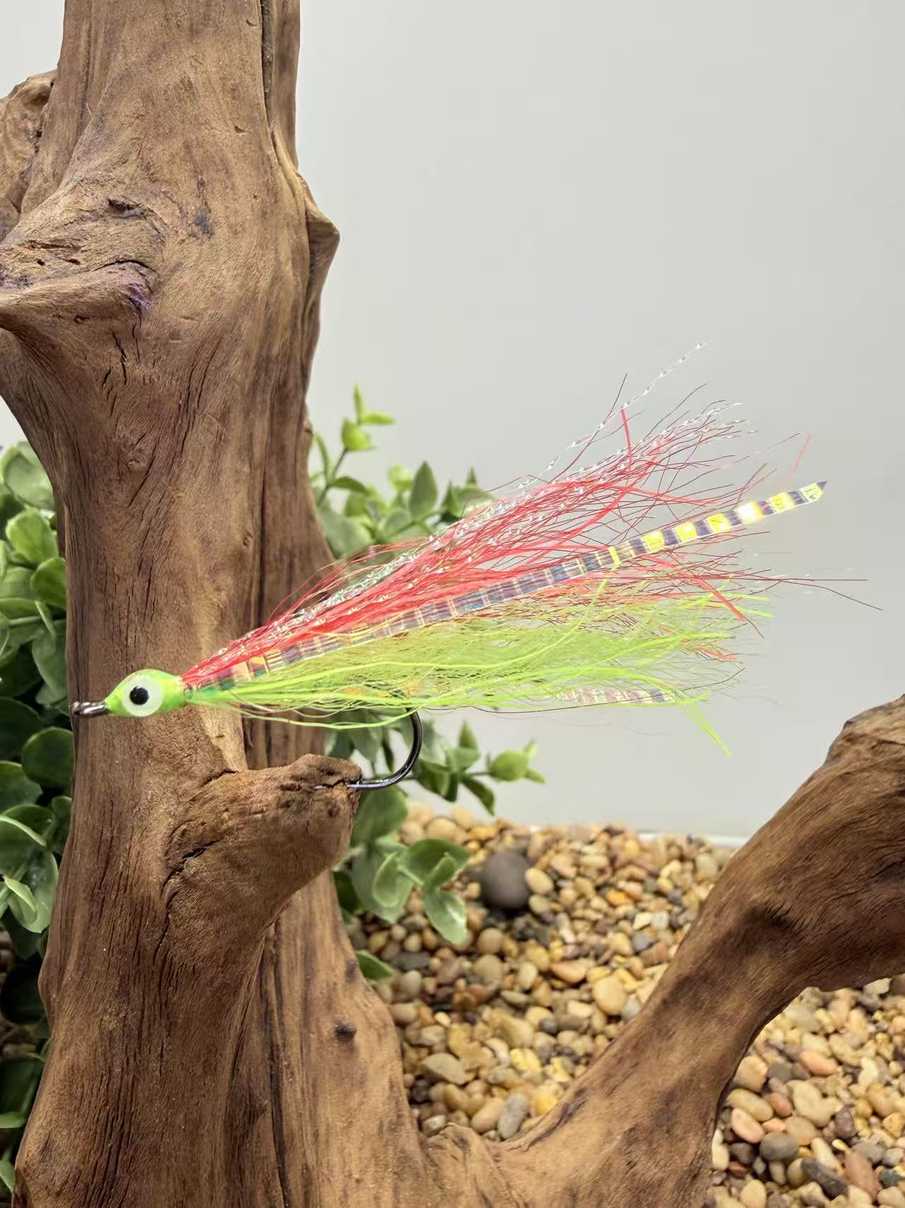 5 Pcs Rizing Rivers Premium Bucktail Flies (Glow Series – Red/Chartreuse) – Glow in the Dark Flies for Night or Low-Light Fishing